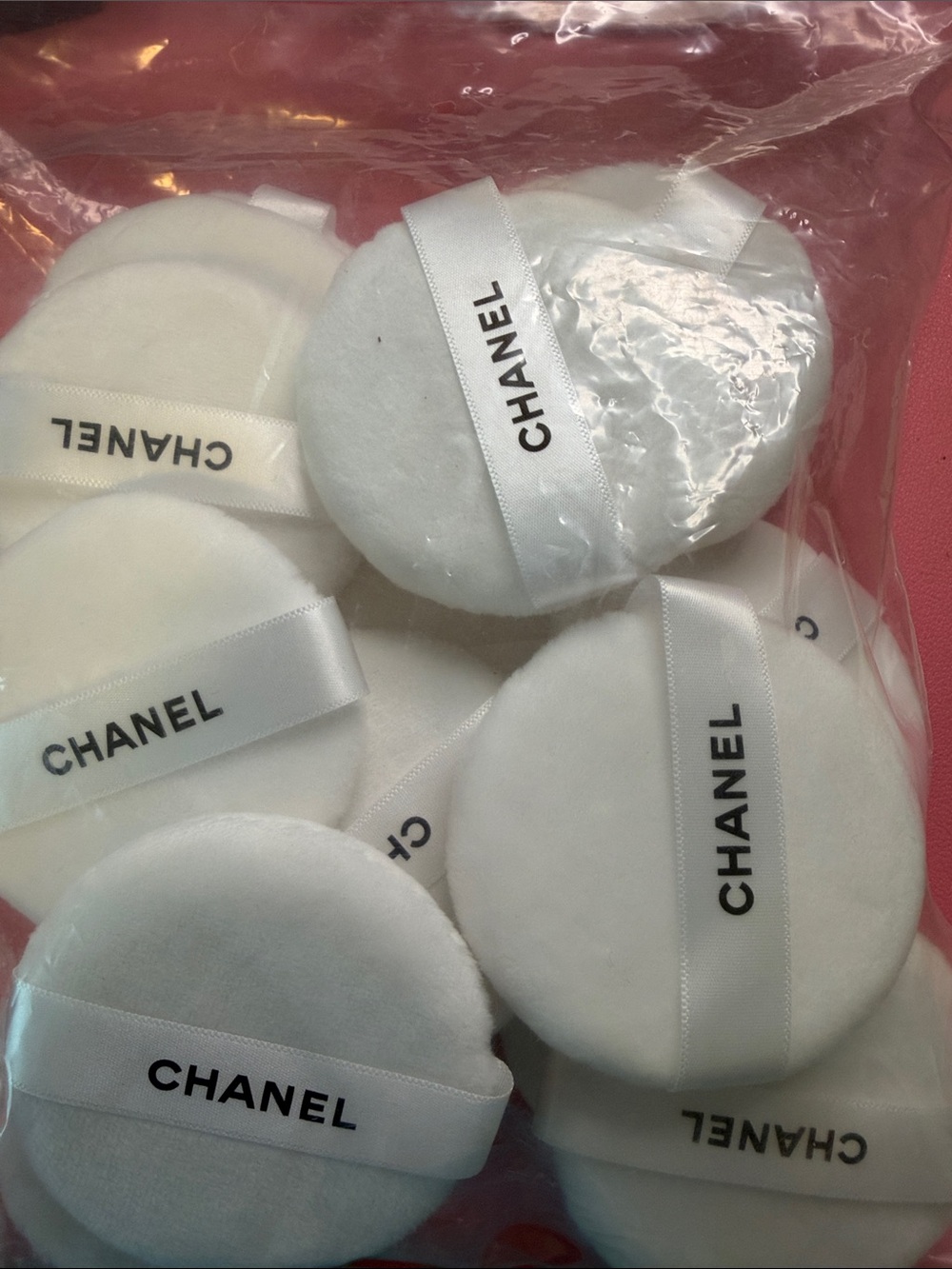 CHANEL White Velvet Powder Puffs with Branded Ribbon